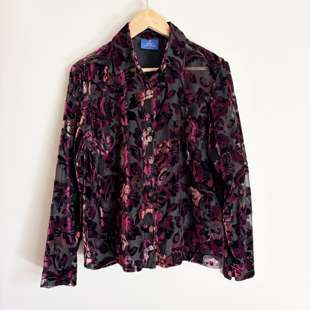 JH Collectibles Velvet Burnout Top Medium Button Up Black Floral Whimsigoth